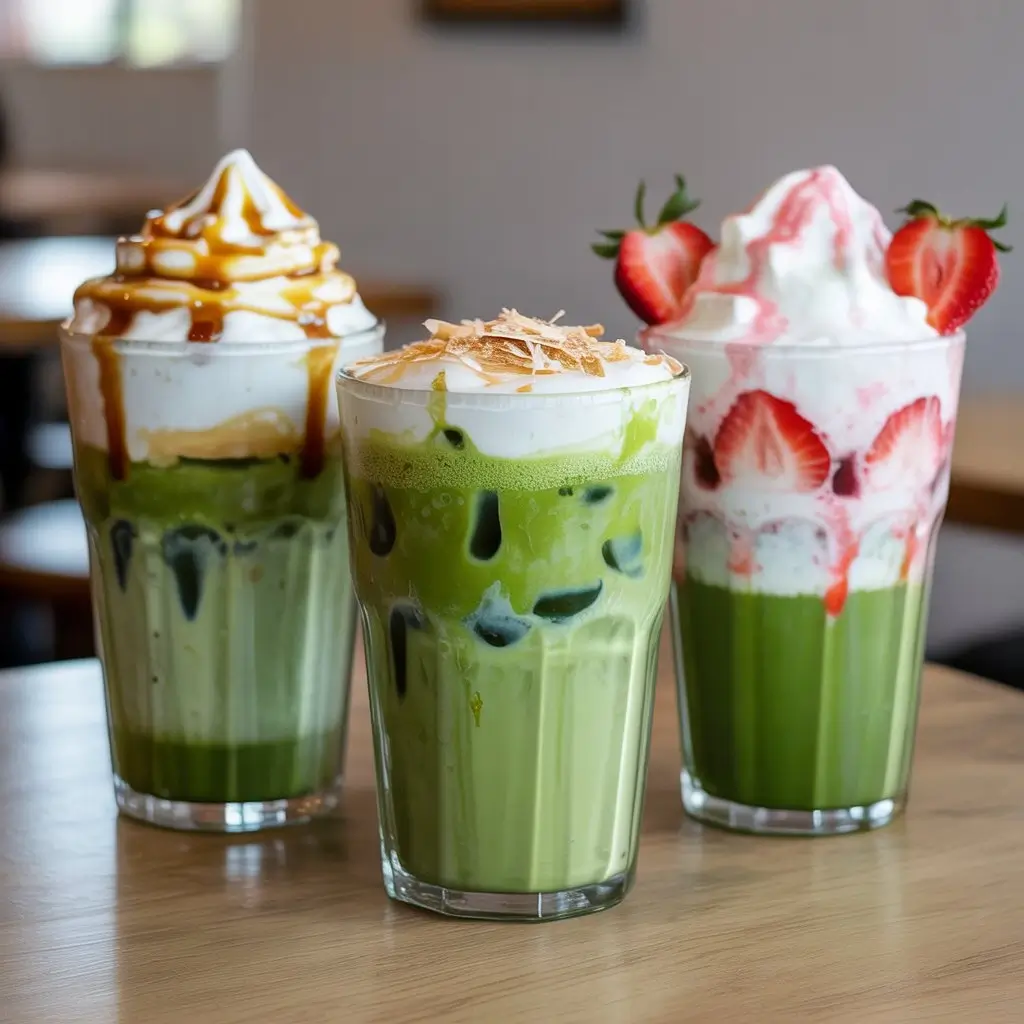 Three customized iced matcha lattes with vanilla cream, coconut flakes, and strawberry foam on a wooden table.