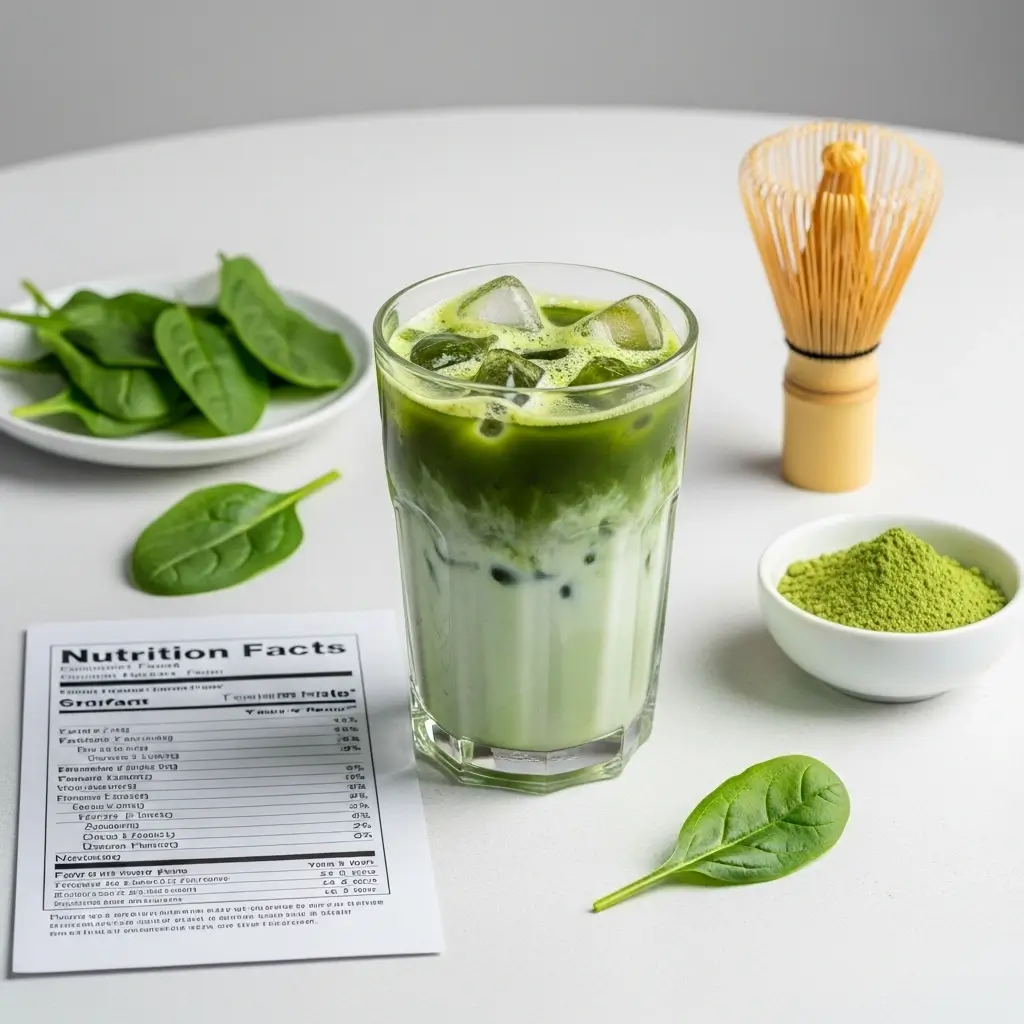 Iced matcha latte on a white table with nutrition facts, matcha powder, and tea leaves nearby.