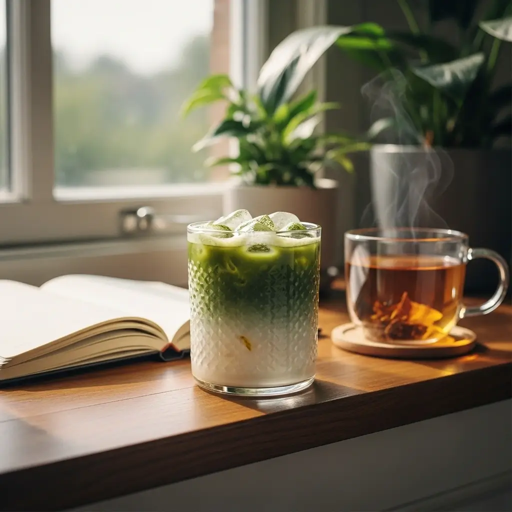 Iced matcha latte on a sunlit windowsill with foam, beside an open journal and cup of tea in a calm setting.