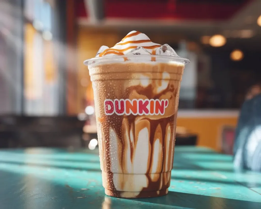 Dunkin’ iced macchiato with layered milk and espresso, caramel drizzle, and visible Dunkin’ logo on a café table.