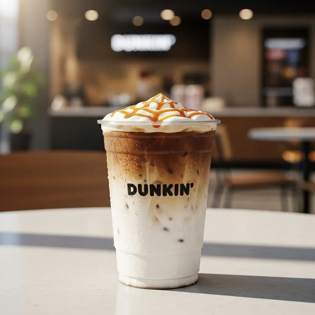 Dunkin’ iced macchiato with creamy milk, dark espresso layers, caramel drizzle, and visible Dunkin’ logo on a café table.
