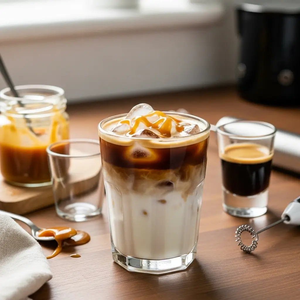 Homemade iced macchiato in a glass with layered milk and espresso, topped with caramel drizzle on a kitchen counter.