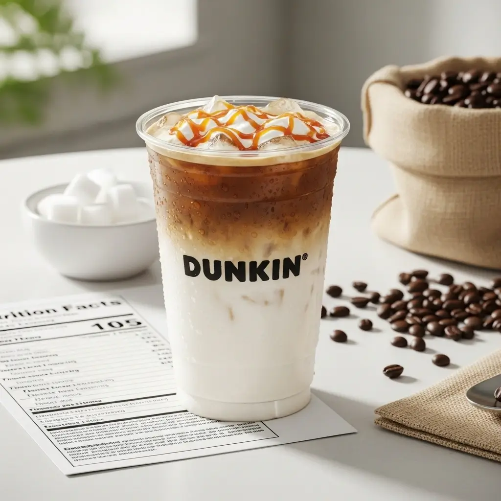 Dunkin’ iced macchiato next to a nutrition facts sheet, sugar cubes, and coffee beans on a white table.