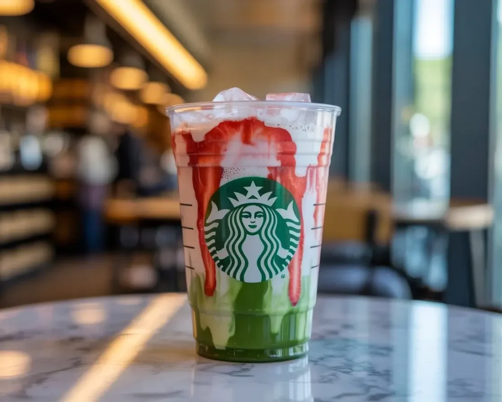 Starbucks strawberry matcha latte with green matcha and pink strawberry swirl in a clear cup with logo on a marble table.