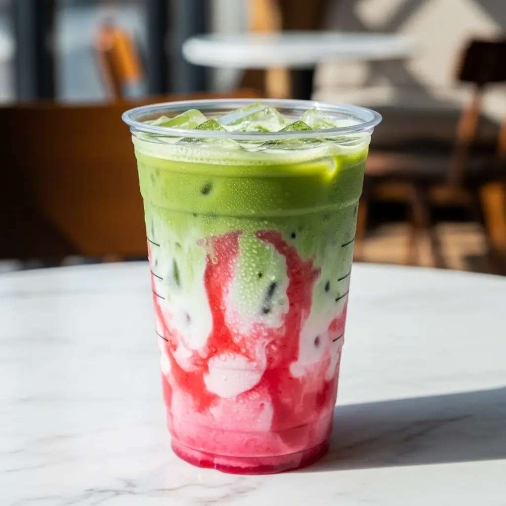 Strawberry matcha latte with green matcha and pink strawberry swirl in a clear cup on a marble café table.