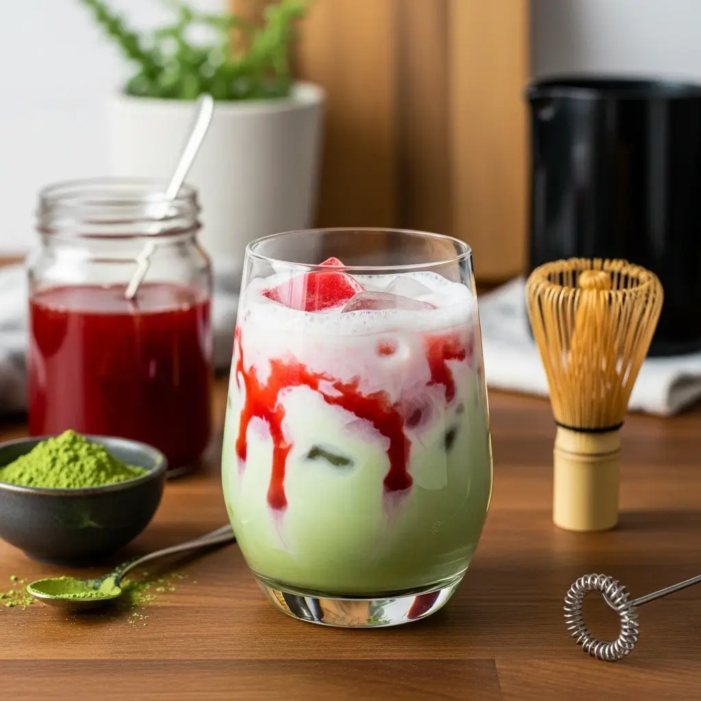 Homemade strawberry matcha latte with green matcha and pink strawberry swirl beside matcha powder and strawberry syrup on a kitchen counter.