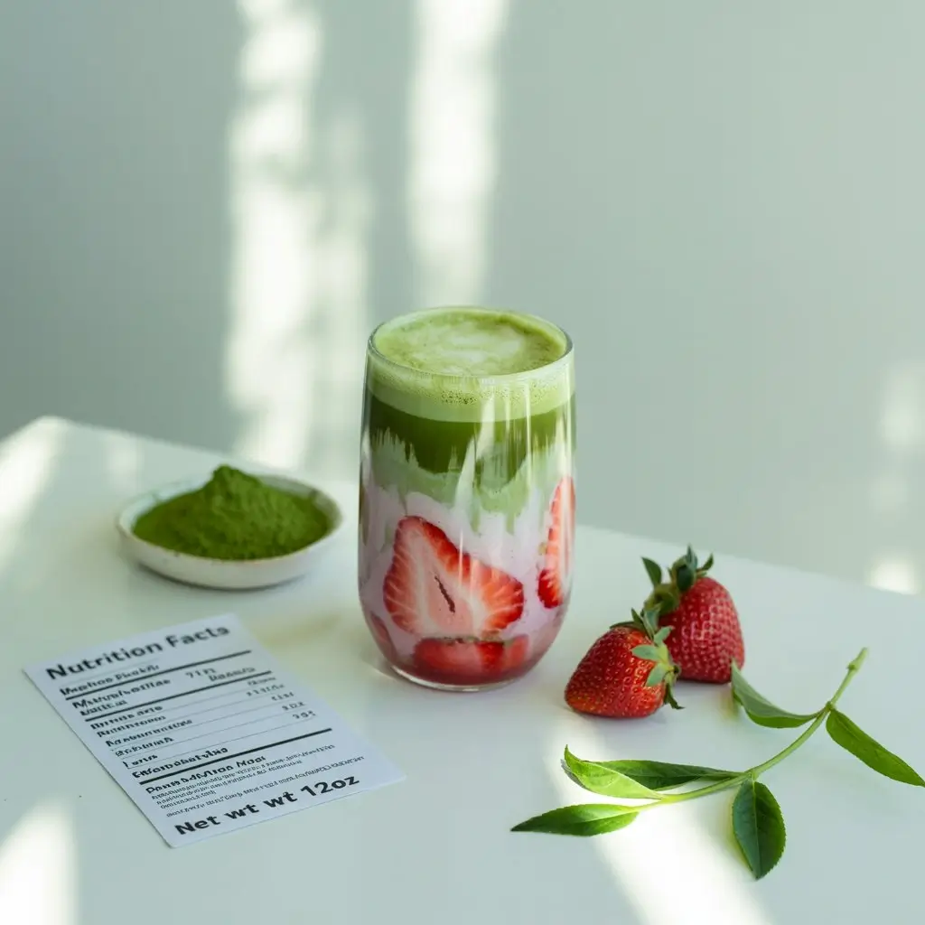 Strawberry matcha latte on a white table with nutrition facts, fresh strawberries, matcha powder, and tea leaves.