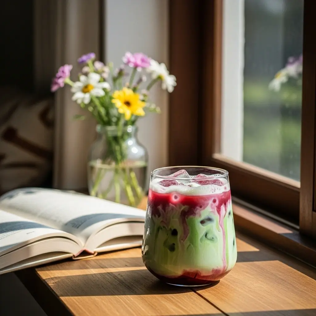 Strawberry matcha latte on a sunny windowsill with pink and green swirls, next to an open book and fresh flowers.