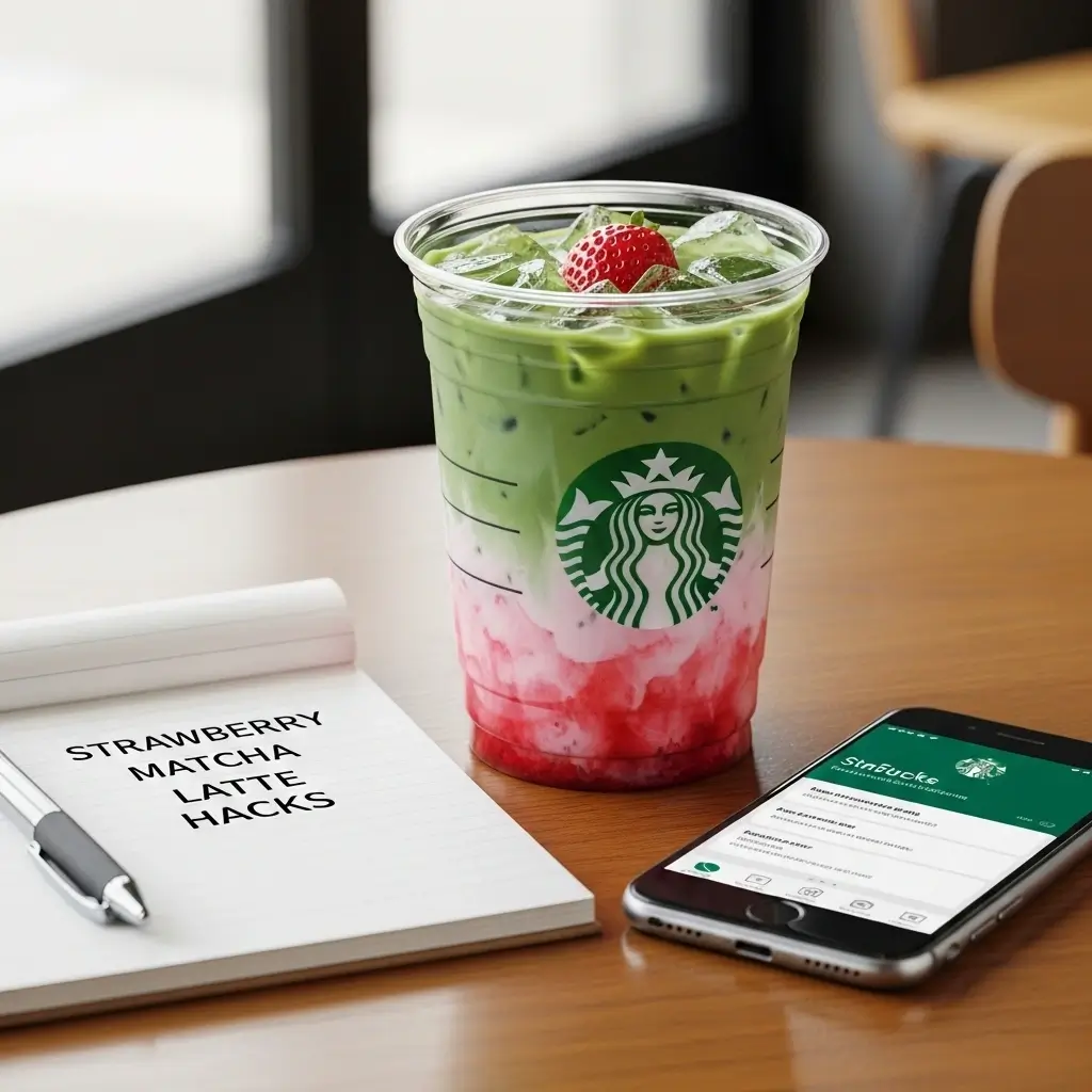 Strawberry matcha latte in a clear cup with pink swirls, next to a notepad labeled “Strawberry Matcha Latte Hacks” and a smartphone on a wooden table.