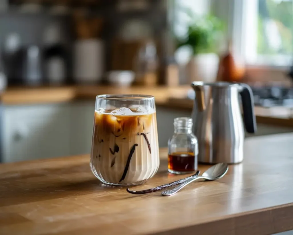 Vanilla iced coffee in a clear glass with ice and foam, next to vanilla extract and milk frother on a wooden counter.