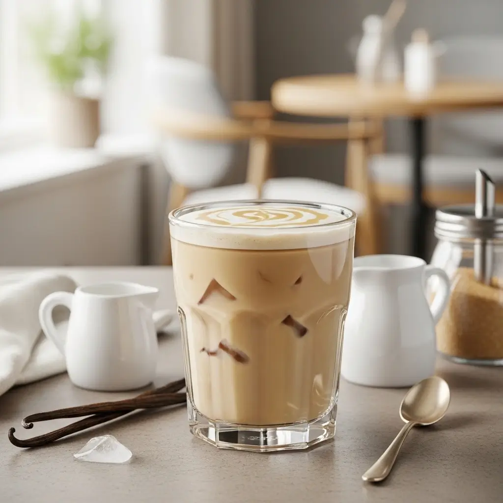 Vanilla iced coffee with foam and syrup swirls in a clear glass, beside vanilla pod and milk on a cozy café table.