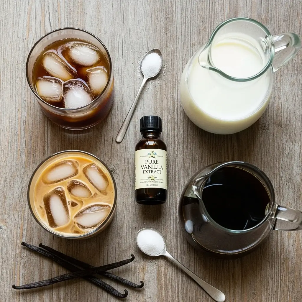 Flat lay of vanilla iced coffee ingredients including iced coffee, vanilla extract, milk, sugar, and vanilla beans on a wooden surface.