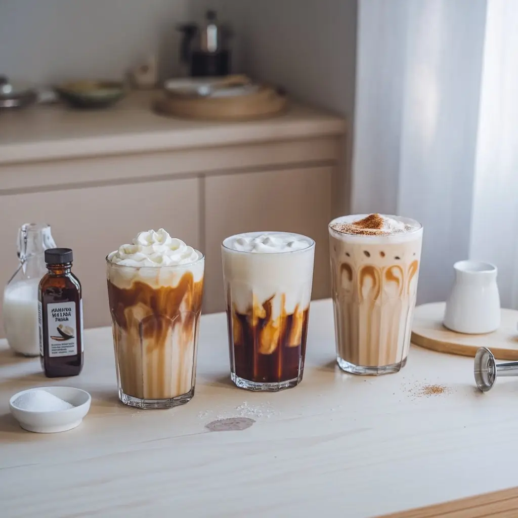 Three variations of vanilla iced coffee in clear glasses with different toppings and milk, placed on a wooden table with vanilla and kitchen tools.