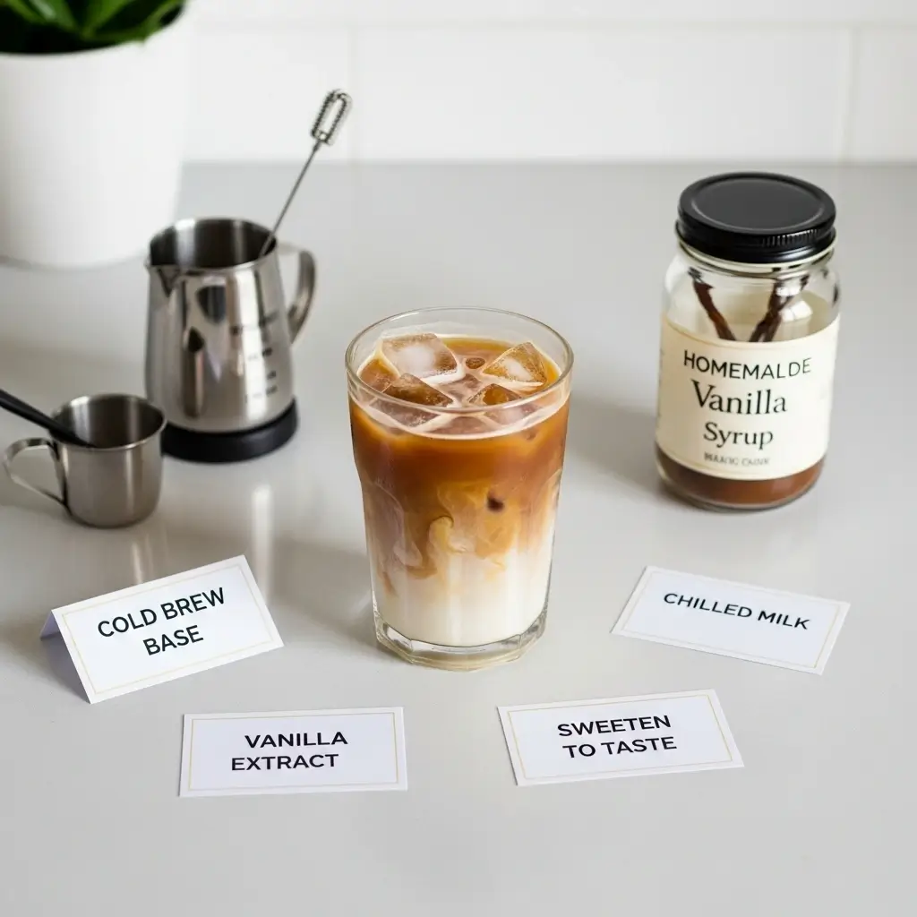 Vanilla iced coffee on a kitchen counter surrounded by labeled tips and ingredients like vanilla extract, cold brew, and syrup.