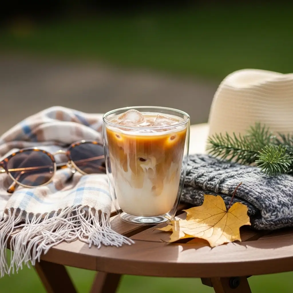 Vanilla iced coffee surrounded by seasonal items like a sunhat, leaf, glove, and scarf on a wooden table.