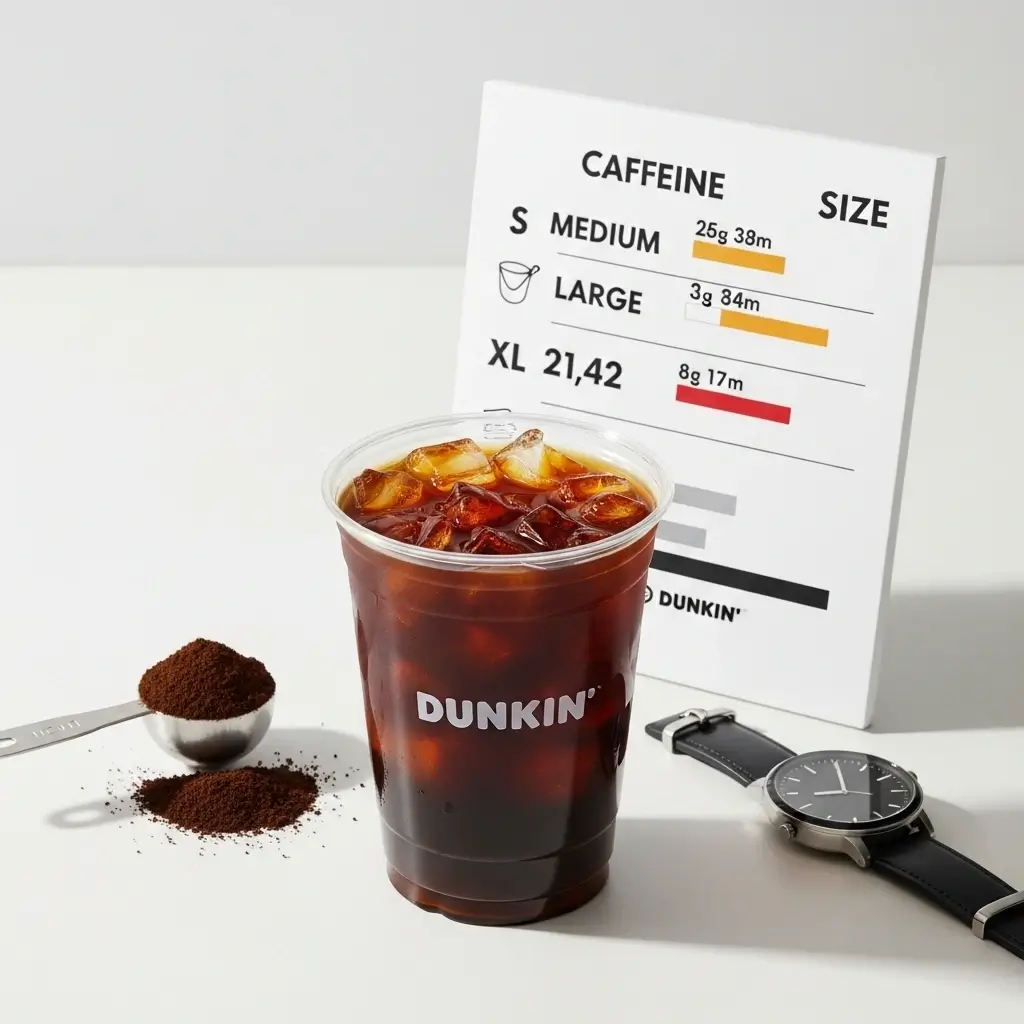 Dunkin iced coffee with ice, caffeine breakdown chart by size, and a scoop of coffee on a white surface.