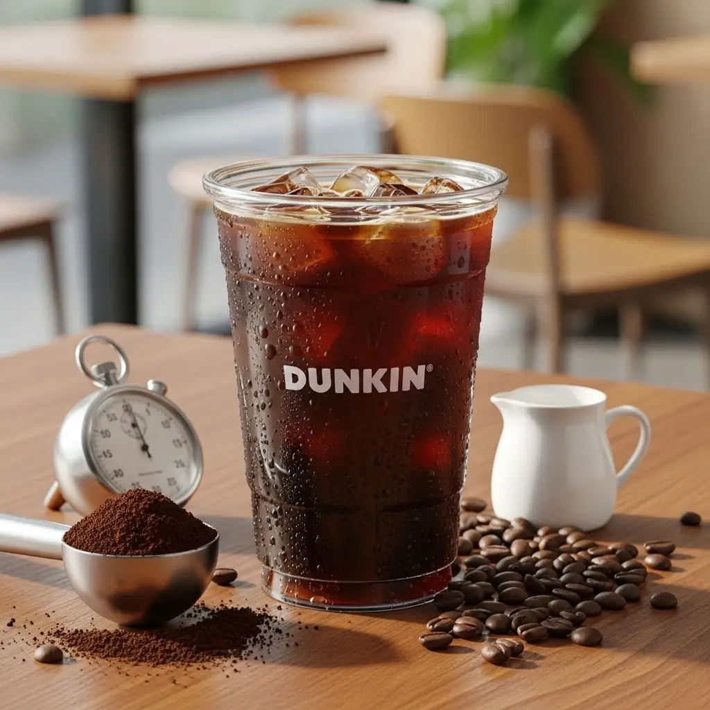 Dunkin iced coffee with coffee beans, coffee scoop, timer, and milk jug on a wooden table.