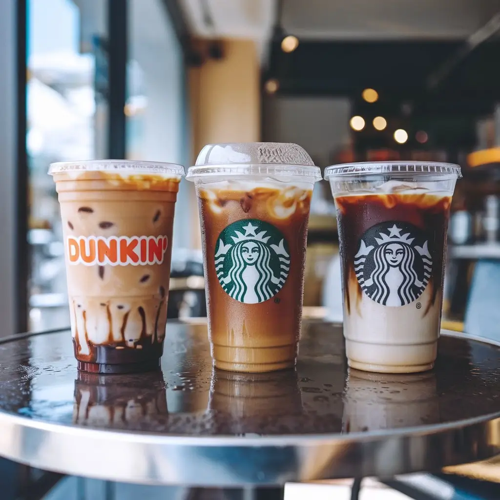 Iced coffee cups from Dunkin, Starbucks, and a generic café lined up on a table with condensation.