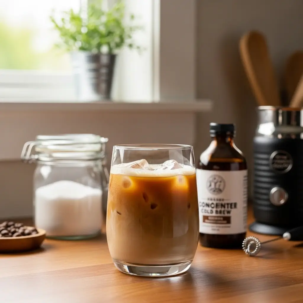 Homemade iced coffee in a clear glass with ice and foam, next to cold brew concentrate, sugar jar, and milk frother on a wooden counter.