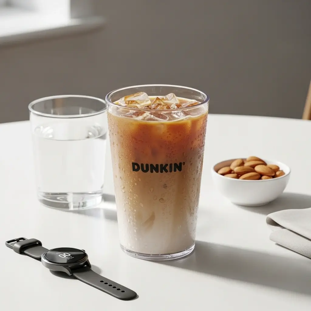 Dunkin iced coffee next to a glass of water, almonds, and a health tracker on a white table.