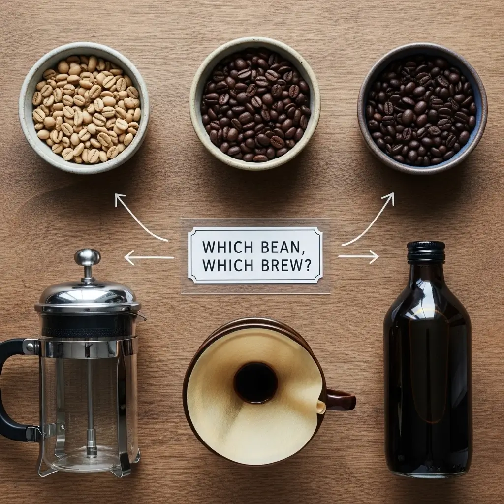 Coffee beans in bowls with French press, pour-over, and cold brew tools labeled for brewing methods on a wooden surface.
