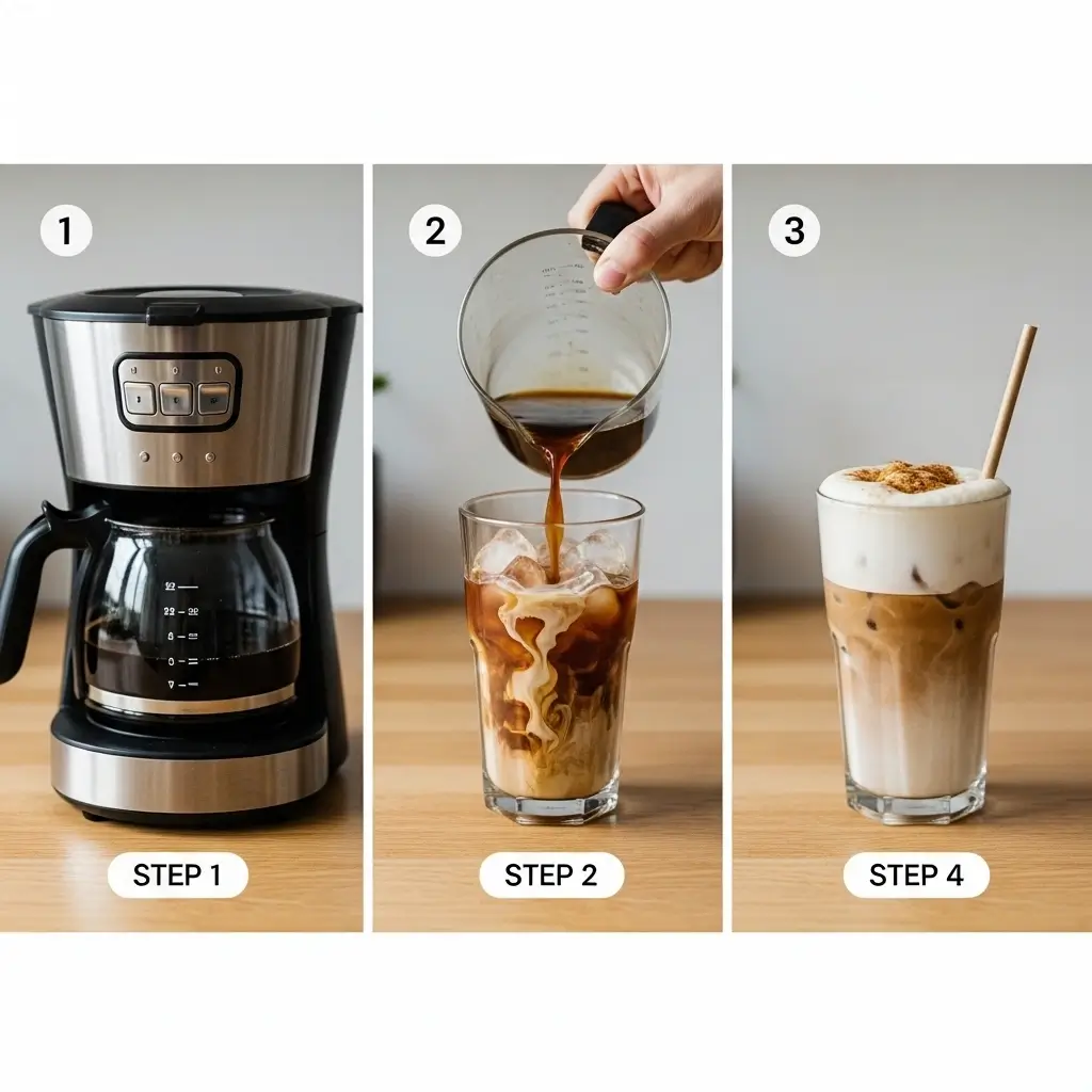 Step-by-step iced coffee process from brewing to pouring over ice, adding milk, and final swirl, arranged on a kitchen counter.