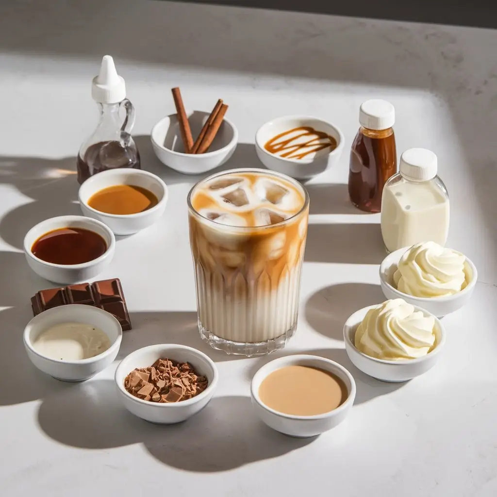 Iced coffee surrounded by flavor add-ins like syrups, cream, cinnamon, and chocolate on a clean kitchen counter.