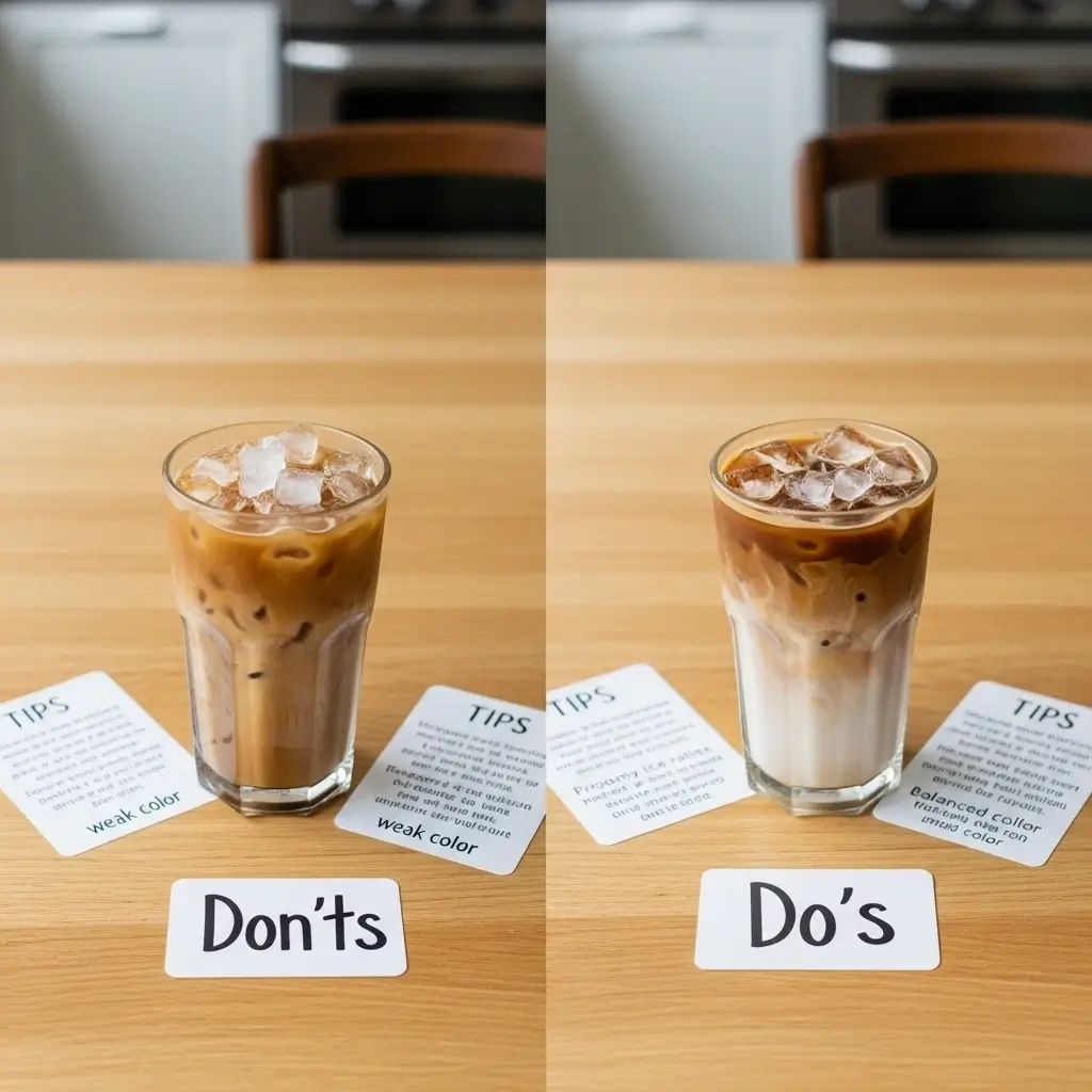 Side-by-side iced coffee showing common mistakes vs. a perfect cup, with tip cards highlighting do’s and don’ts.