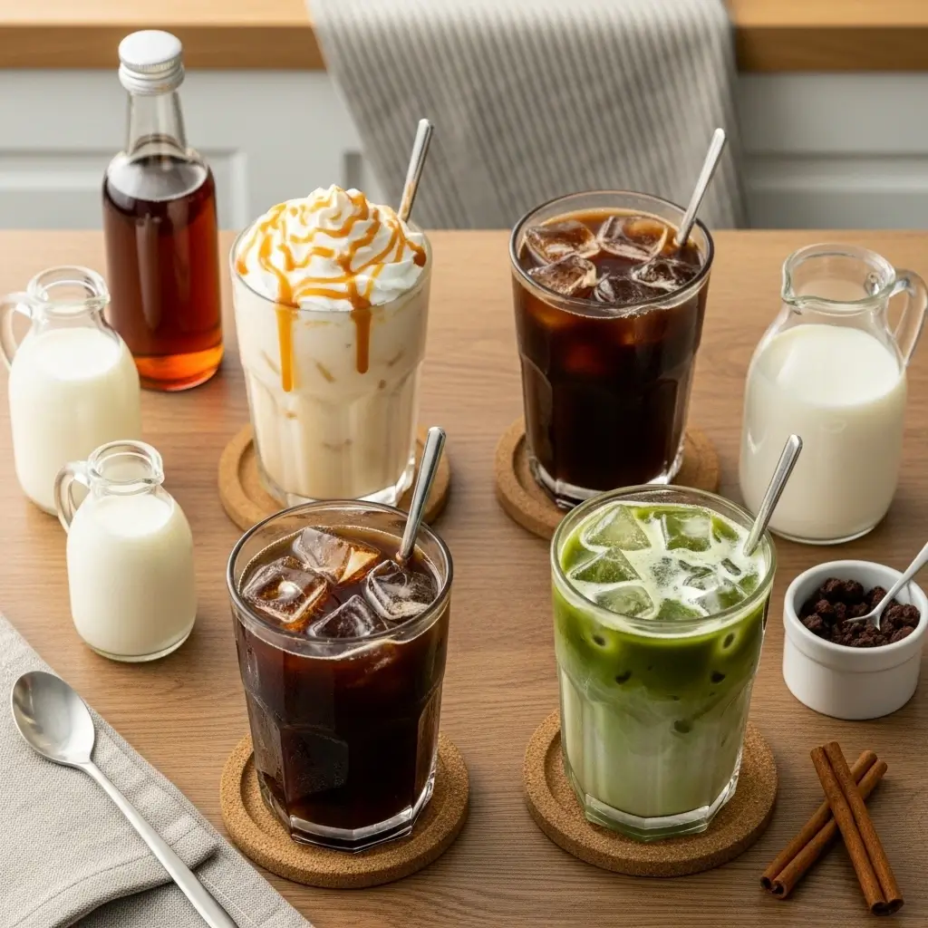 Four iced coffee recipes including vanilla, caramel, black, and matcha on a wooden table with matching ingredients.