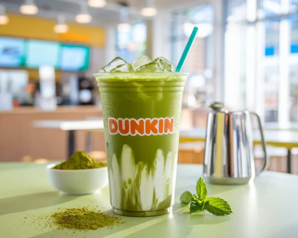 Dunkin iced matcha latte in a clear cup with green tea and milk, next to matcha powder and a milk frother on a café table.