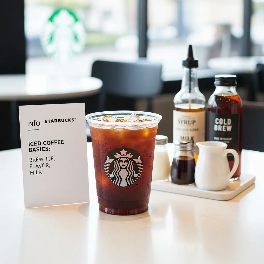 Starbucks iced coffee with ice on a table beside labeled ingredients and a basics card showing how it’s made.