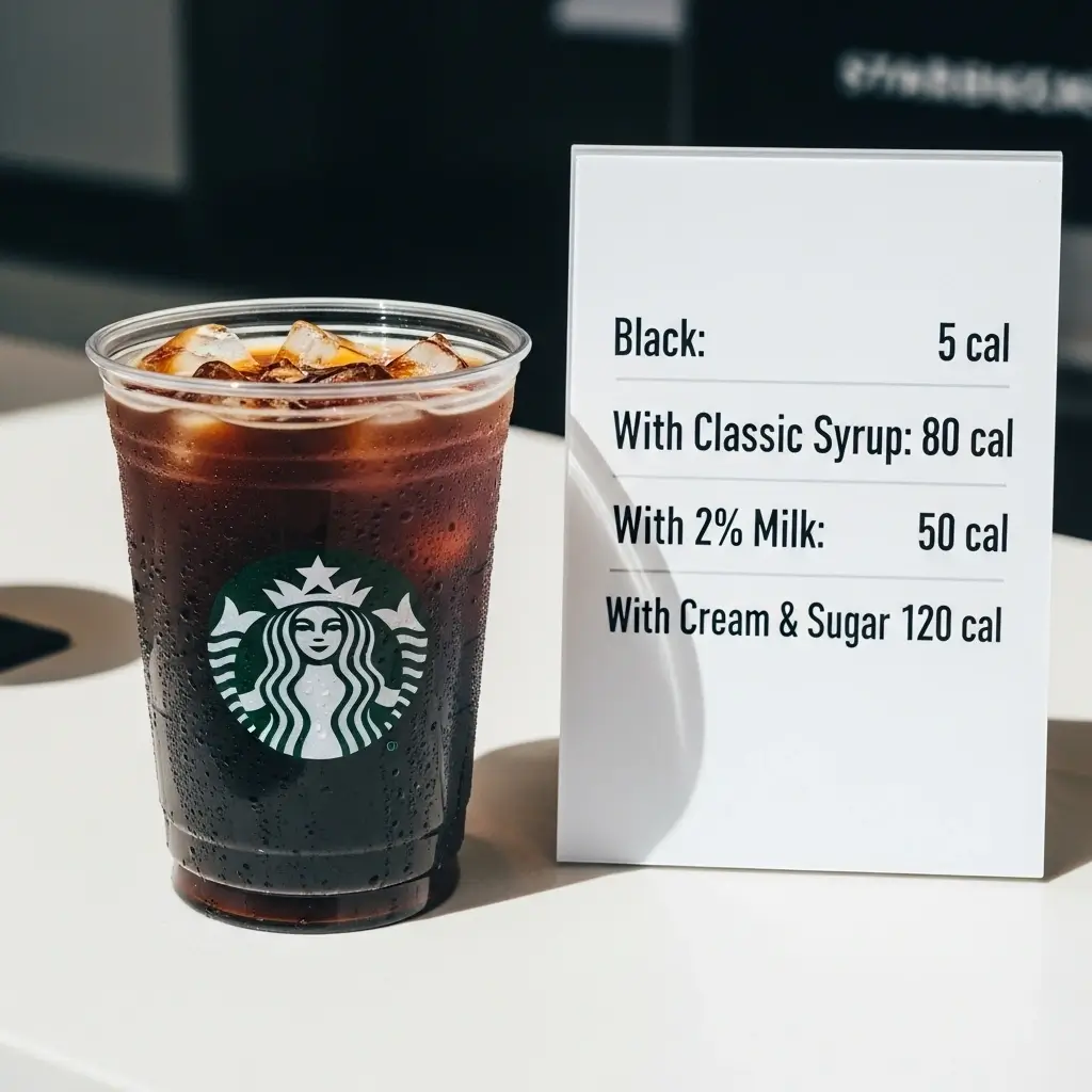 Starbucks iced coffee next to a calorie breakdown chart showing different add-in options and their calorie counts.