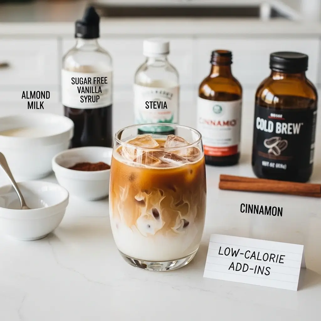 Iced coffee with low-calorie ingredients like almond milk, sugar-free syrup, and stevia on a bright kitchen counter.