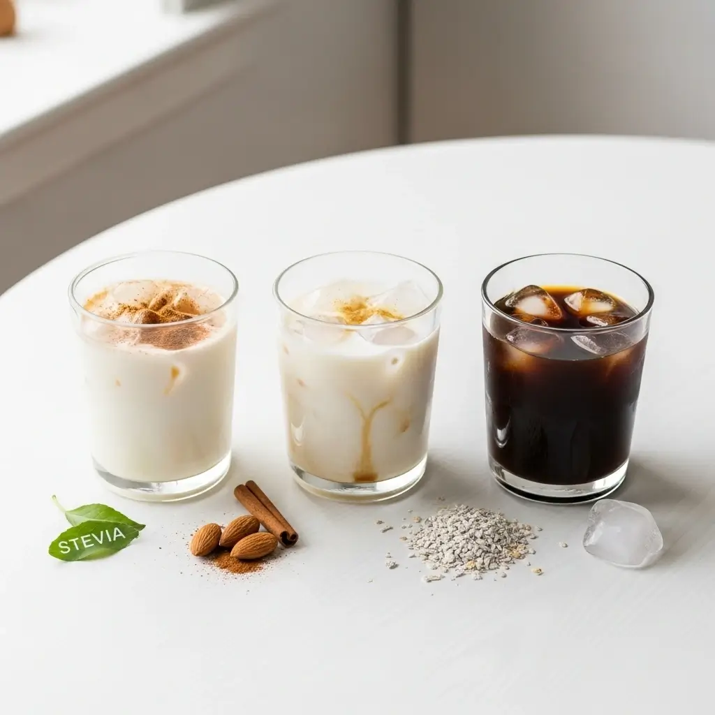 Three low-calorie iced coffee variations with ingredients like almond milk, oat milk, and stevia on a white kitchen table.