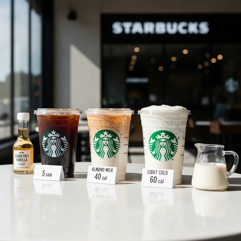 Three Starbucks iced coffee drinks with calorie labels and low-calorie ingredients like almond milk and sugar-free syrup.
