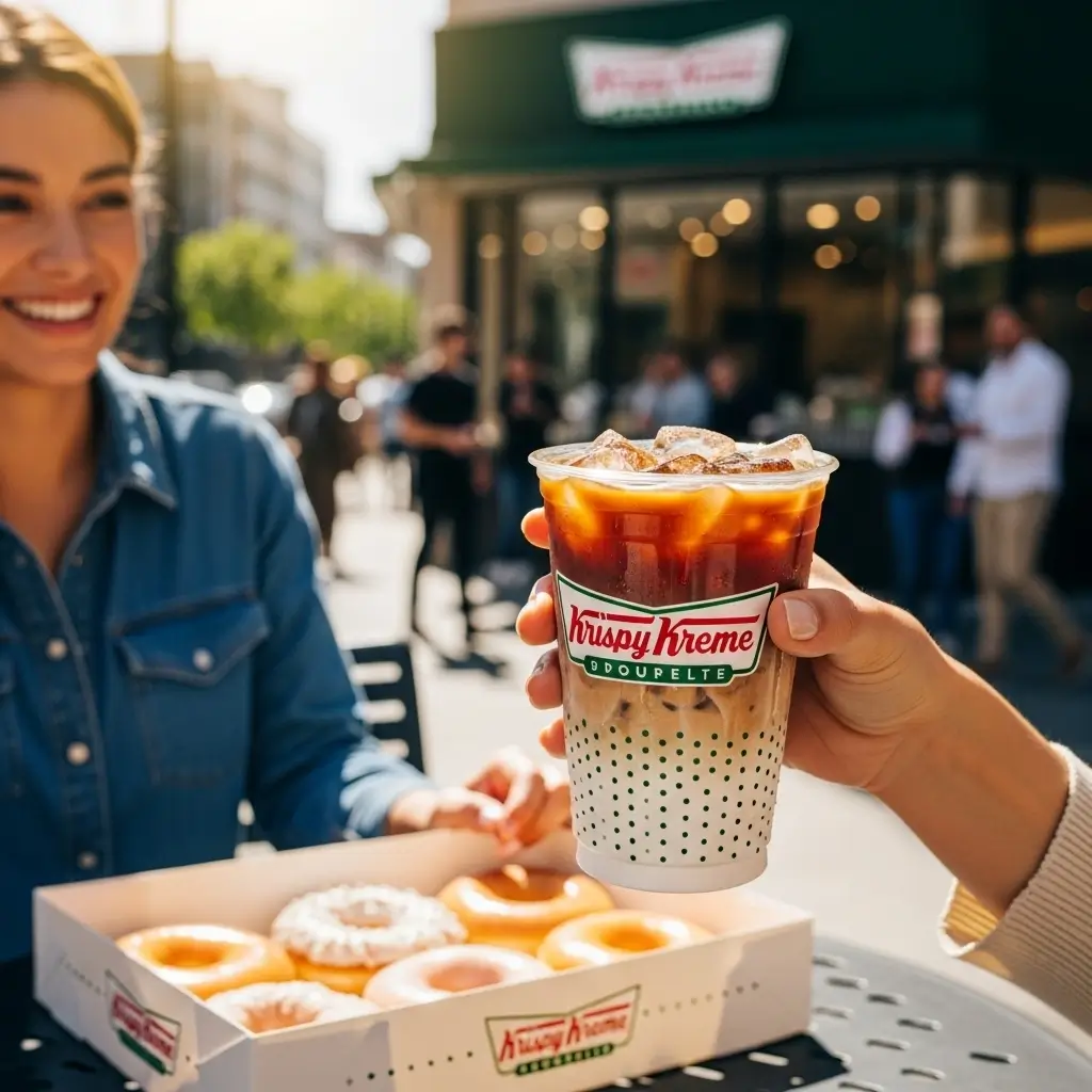 Person holding Krispy Kreme iced coffee with donuts on a table, outside Krispy Kreme store with happy customers around.