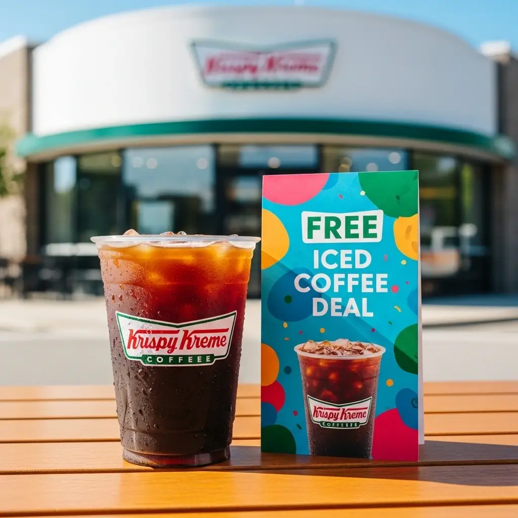 Krispy Kreme iced coffee with a flyer showing a free iced coffee deal and Krispy Kreme store blurred in the background.