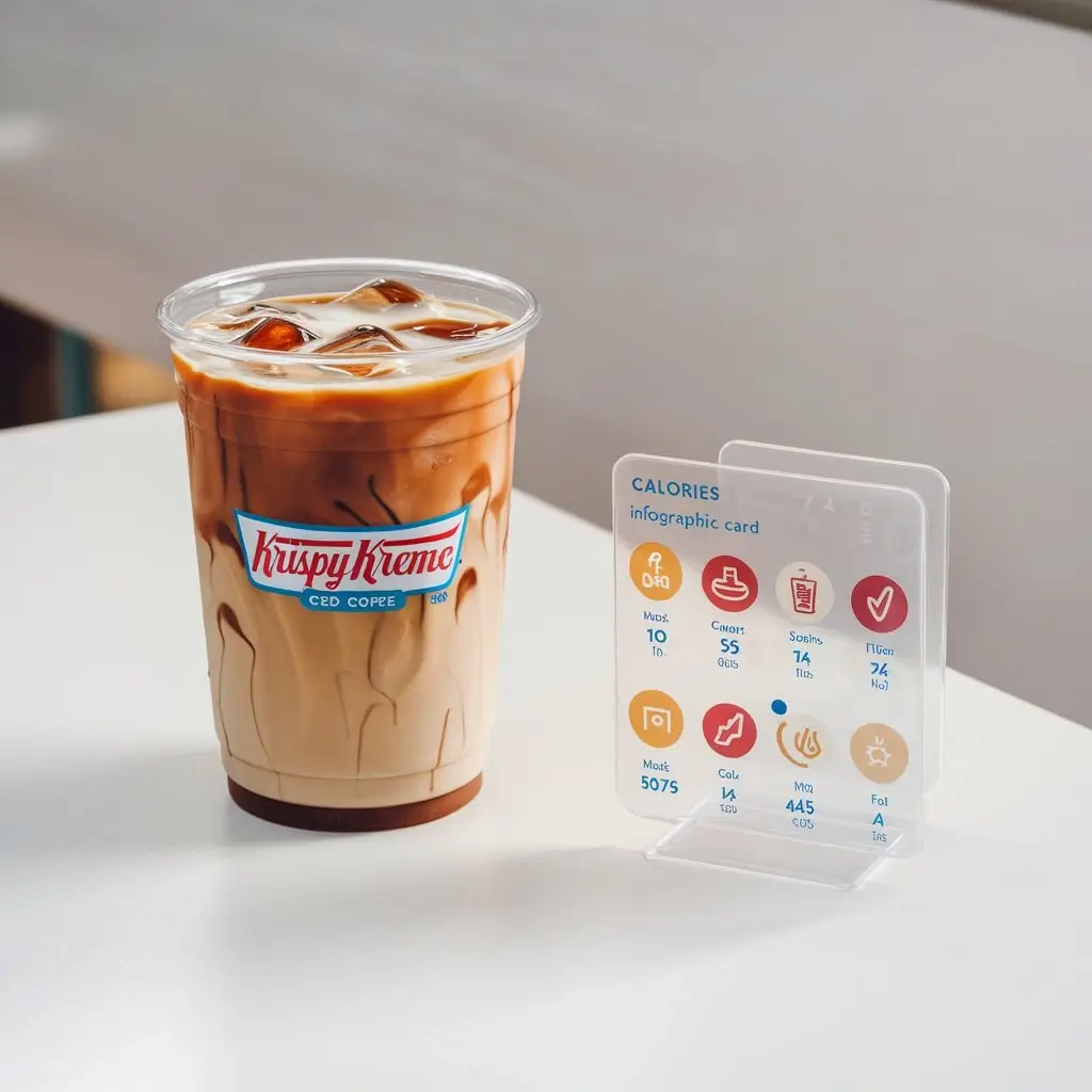 Krispy Kreme iced coffee with a nutritional infographic card showing calories, sugar, caffeine, and fat.
