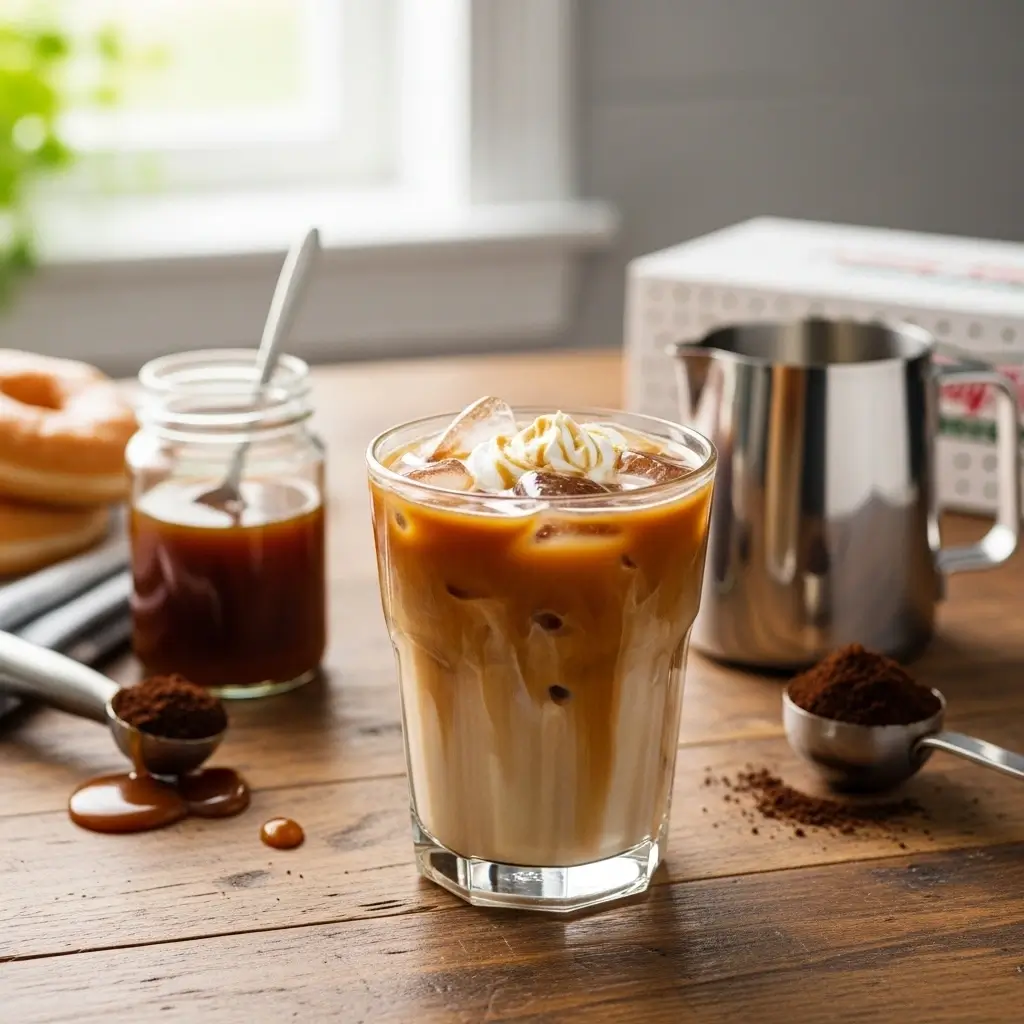 Homemade iced coffee with caramel swirls on a wooden counter next to caramel syrup, milk frother, and coffee grounds.