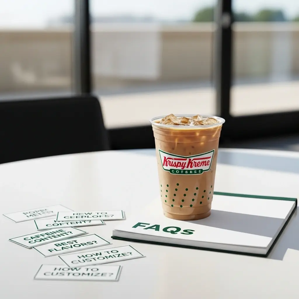 Krispy Kreme iced coffee next to a FAQ board and coffee question cards on a white table.
