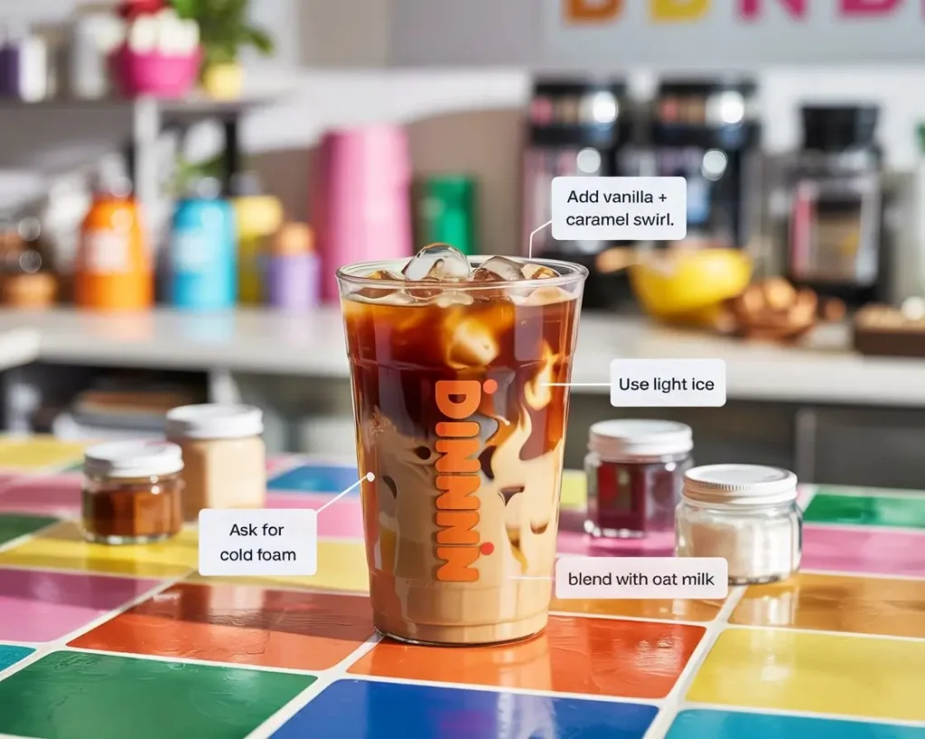 Dunkin iced coffee on a kitchen counter with tip cards and ingredients like caramel, vanilla, and oat milk around it.