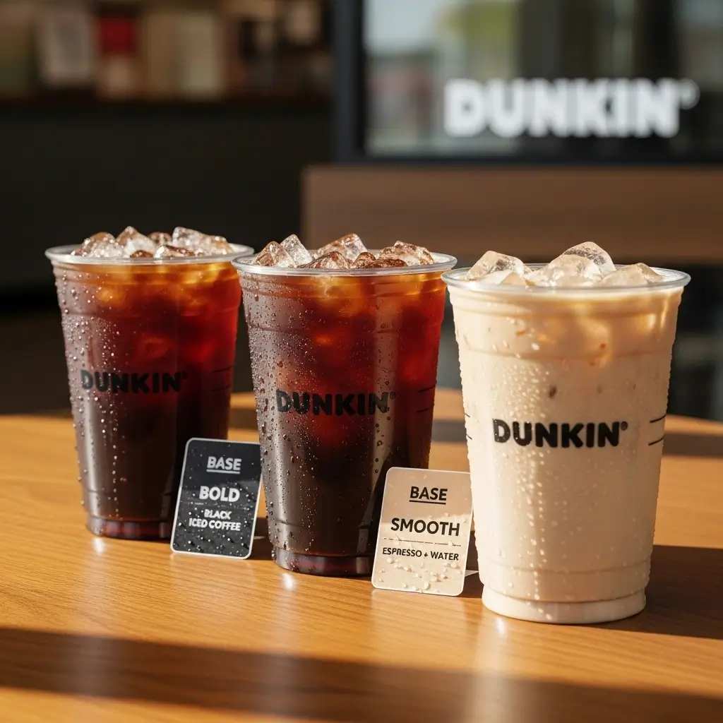 Three Dunkin iced coffee bases — black coffee, cold brew, and espresso — labeled and placed on a café table.