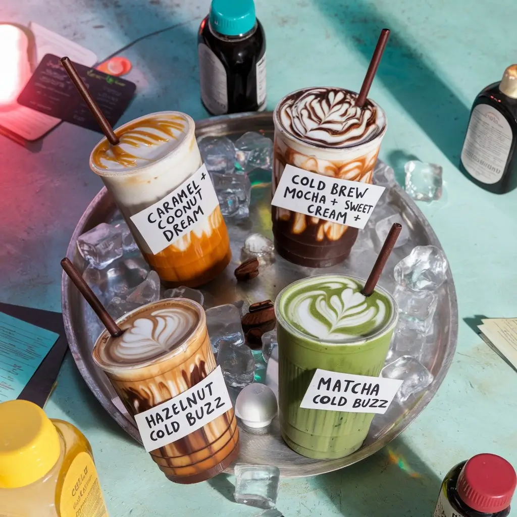 Four creative iced coffee combos with fun labels like caramel coconut and mocha cold brew on a rustic table with syrups.