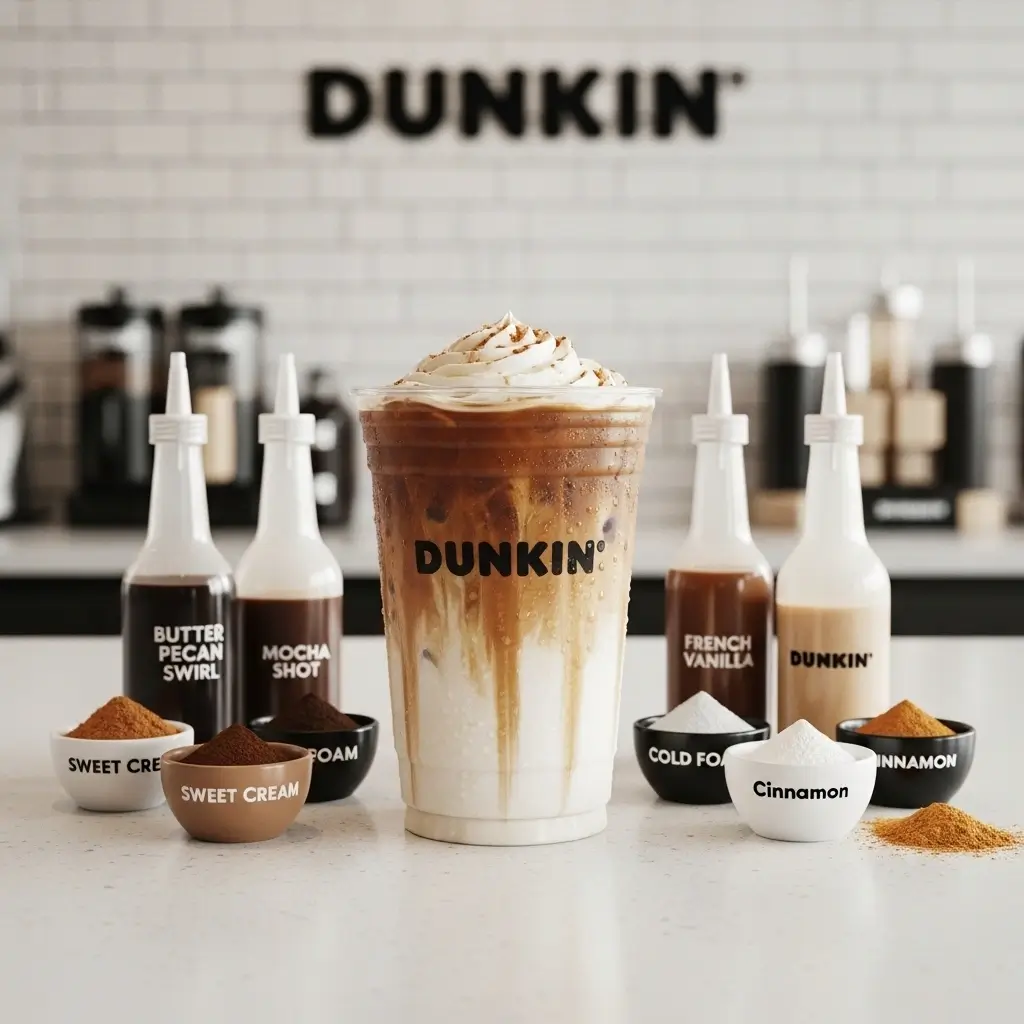 Dunkin iced coffee surrounded by flavor add-ins like mocha, vanilla, butter pecan, and cold foam on a countertop.