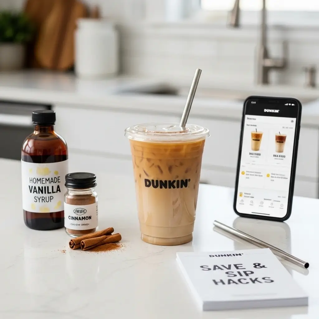 Dunkin iced coffee with homemade syrups, cinnamon, reusable straw, and Dunkin app on phone screen showing money-saving tips.