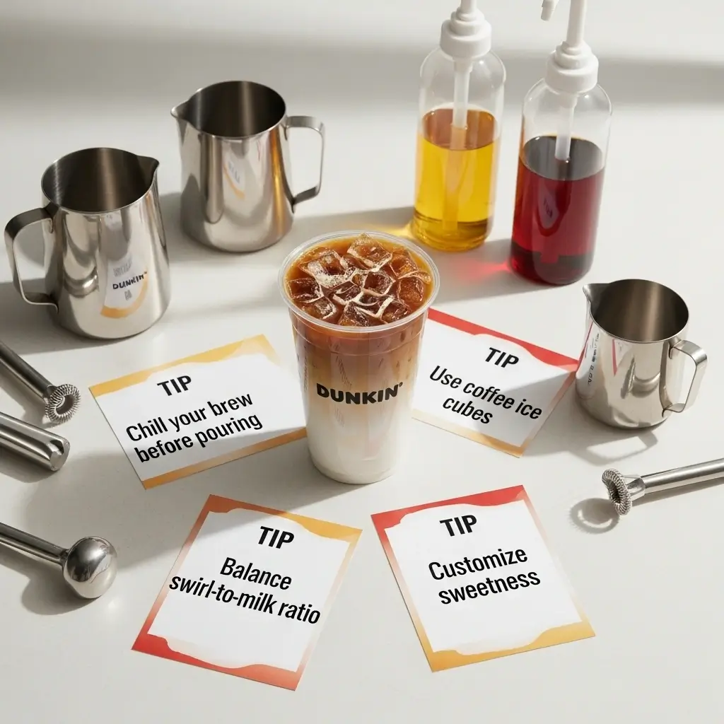 Dunkin iced coffee with pro coffee tools and tip cards on a clean counter showing expert iced coffee advice.