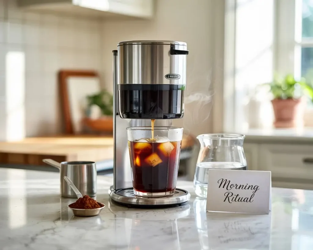 Iced coffee maker brewing into a glass of ice on a kitchen counter with simple tools nearby under morning light.