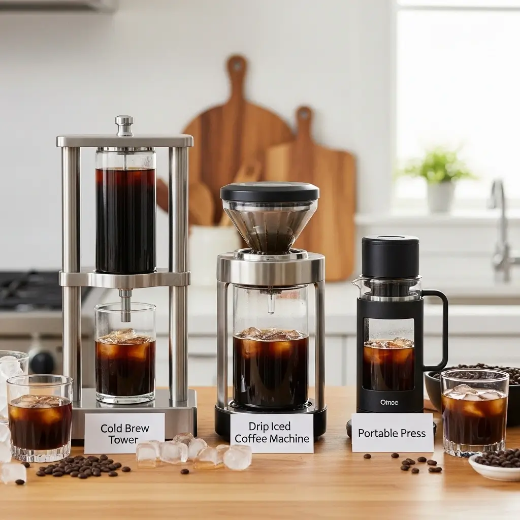 Three types of iced coffee makers on a kitchen counter with labeled cards and glasses of iced coffee.