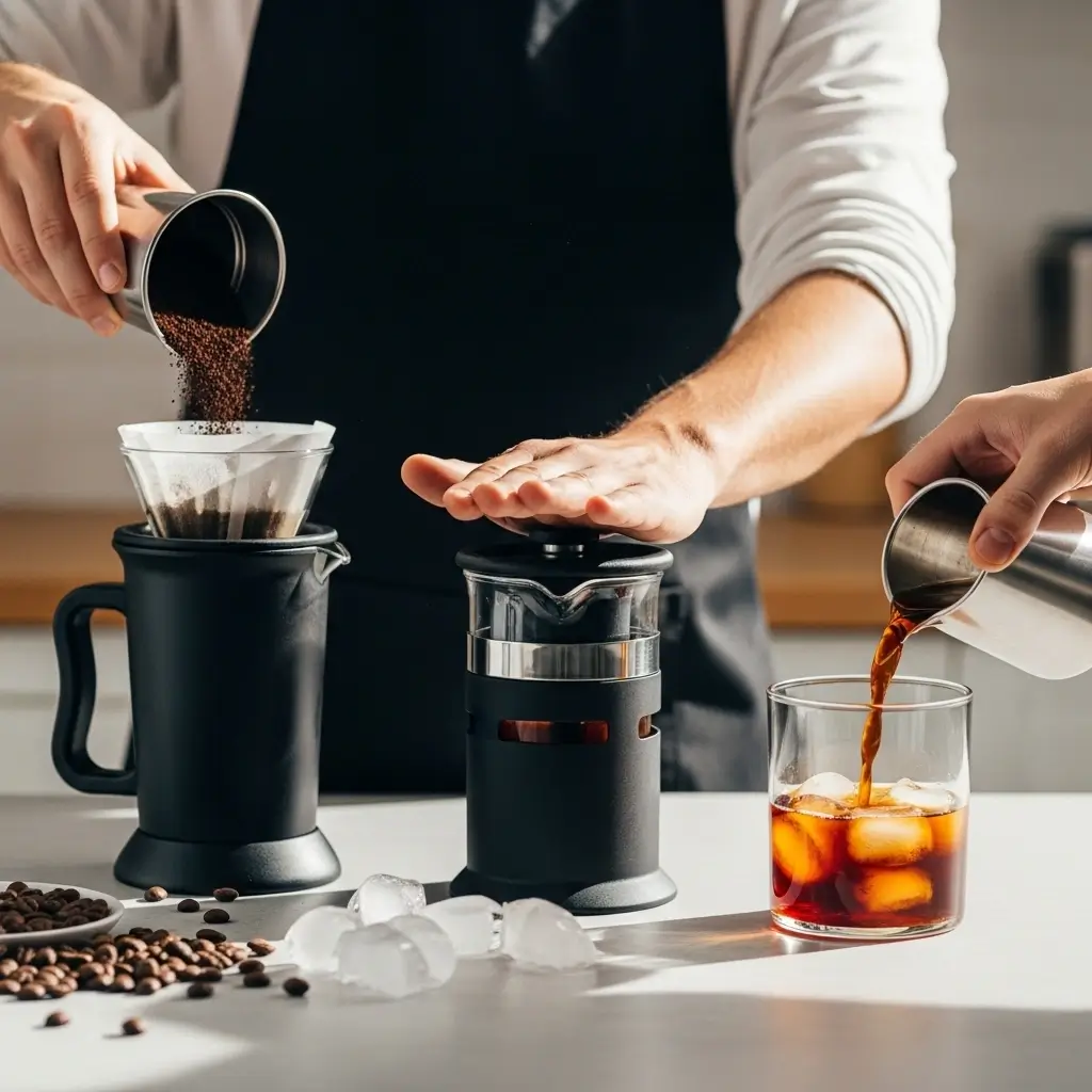 Hands preparing iced coffee with an iced coffee maker, pouring grounds, pressing brew, and pouring coffee over ice on a kitchen counter.