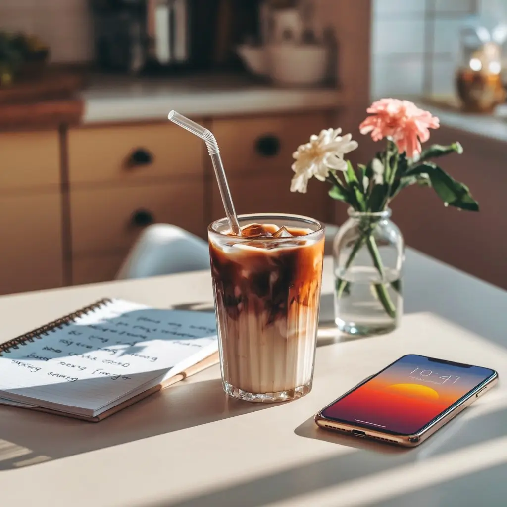 Glass of iced coffee on a sunlit kitchen table next to a notebook, smartphone, and fresh flowers.
